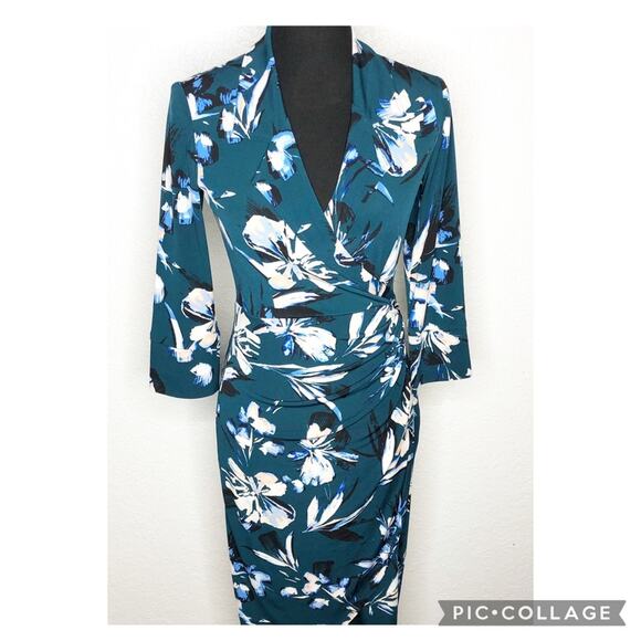 Eliza J teal green white floral faux wrap dress size 2 - Picture 1 of 16
